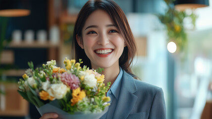 共有オフィスで花束を受け取る活発なビジネスウーマン