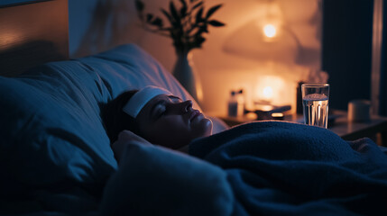 Sick woman resting in bed with cold compress, warm bedside lighting