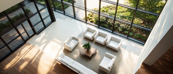 Elegant Contemporary Lobby Interior with White Sofas and Garden View, Tranquil Luxury Space for Modern Living and Relaxation