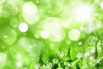 Fototapeta premium Vibrant green foliage glistens with morning dew drops, illuminated by bright sunlight in a peaceful outdoor landscape