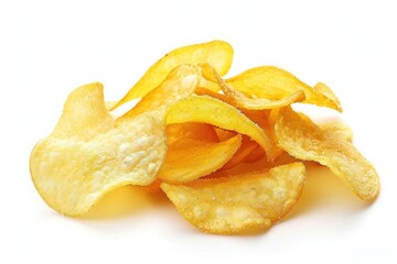 Freshly opened bag of crispy potato chips on a clean white background