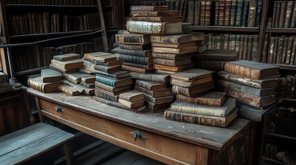 An old library with a wooden desk piled high with books. The books are old and worn, suggesting a rich history. This image is perfect for themes of history, education, and literature.