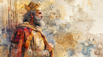  King Solomon from the Old Testament, portrayed with regal attire and a wise, contemplative expression.