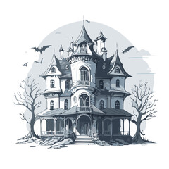 Obraz premium Haunted house sketch design. Spooky haunted mansion pen sketch vector art design.