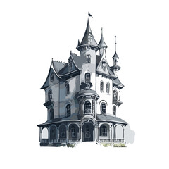 Obraz premium Haunted house sketch design. Spooky haunted mansion pen sketch vector art design.