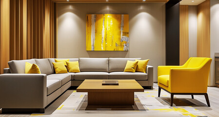 Modern living room with yellow accents, grey sectional sofa, abstract art, and warm lighting
