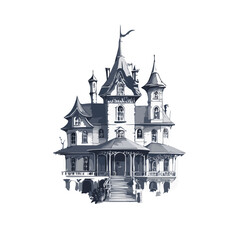 Obraz premium Haunted house sketch design. Spooky haunted mansion pen sketch vector art design.