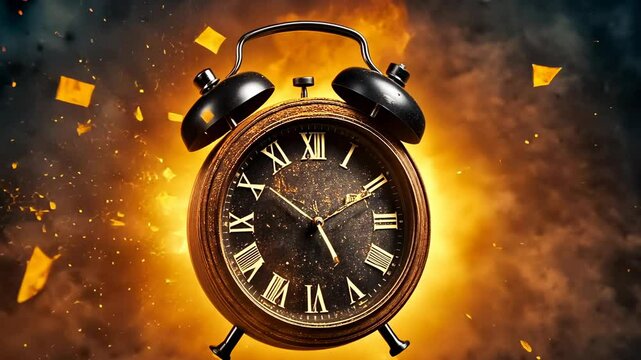 A large antique-style clock is seen exploding in a fiery blast at night. The clock shatters with flames and flying debris, symbolizing a dramatic passage of time. The intense scene, with vivid