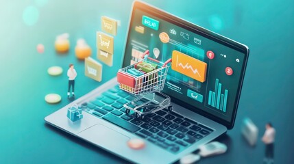 Miniature shopping cart filled with colorful boxes on laptop keyboard with financial analytics display.