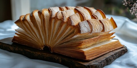 This artwork offers a surreal portrayal of an open book ingeniously crafted from slices of fresh bread, skillfully merging the realms of culinary artistry with themes found in scripture and faith