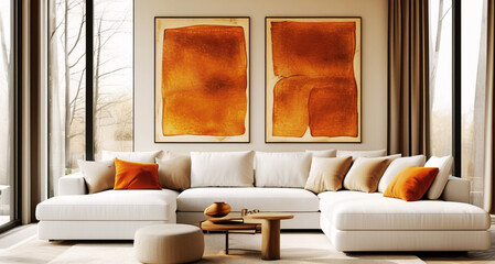 Modern living room with white sectional sofa, earthy tones, and large abstract wall art, cozy interior