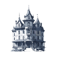 Fototapeta premium Haunted house sketch design. Spooky haunted mansion pen sketch vector art design.