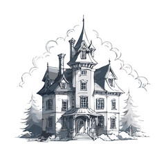 Fototapeta premium Haunted house sketch design. Spooky haunted mansion pen sketch vector art design.