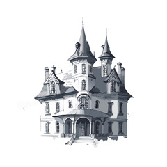 Obraz premium Haunted house sketch design. Spooky haunted mansion pen sketch vector art design.