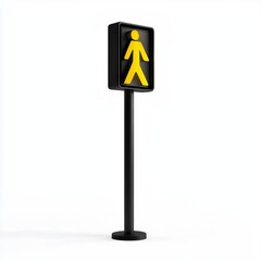 A yellow pedestrian crossing sign on a black pole
