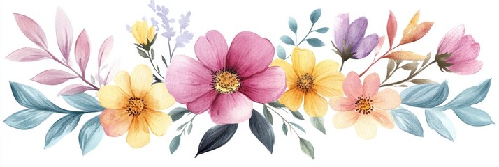Obraz premium Stunning watercolor floral designs featuring pink, yellow, and purple blooms, perfect for invitations, greeting cards, and springthemed decor