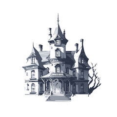 Obraz premium Haunted house sketch design. Spooky haunted mansion pen sketch vector art design.