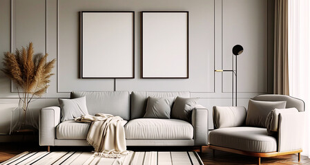 Bright and Cozy Living Room with Grey Sofa, Neutral Tones, and Artistic Wall Frames