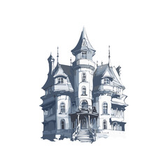 Obraz premium Haunted house sketch design. Spooky haunted mansion pen sketch vector art design.