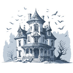 Obraz premium Haunted house sketch design. Spooky haunted mansion pen sketch vector art design.