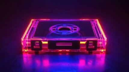 A glowing vintage cassette tape with pink and yellow highlights on a dark background.