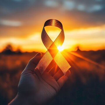 Hand holding orange awareness ribbon at sunset