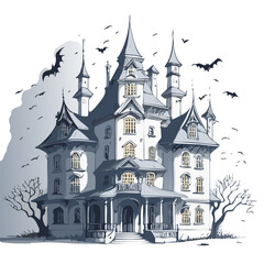 Obraz premium Haunted house sketch design. Spooky haunted mansion pen sketch vector art design.