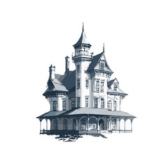 Obraz premium Haunted house sketch design. Spooky haunted mansion pen sketch vector art design.
