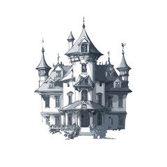 Obraz premium Haunted house sketch design. Spooky haunted mansion pen sketch vector art design.