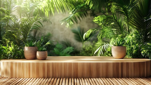 A wooden display stand is set against a backdrop of palm leaves and bright tropical greenery, emphasizing organic design.