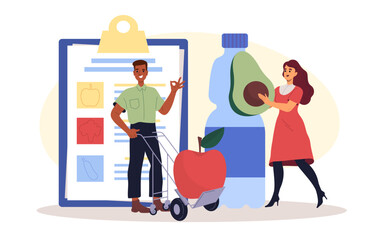 People eat healthy food. Man and woman with avocado and bottle of water near clipoard. Proper diet and nutrition with vitamins. Flat vector illustration