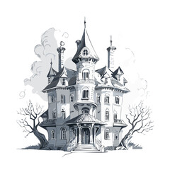 Haunted house sketch design. Spooky haunted mansion pen sketch vector art design.