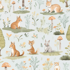 Naklejka premium Woodland creatures seamless pattern featuring foxes, rabbits, squirrels amidst whimsical flora, cute cartoon animals concept