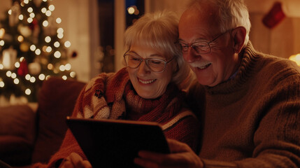 Smiling Senior Couple Using Tablet Together, Christmas Tree Background, Cozy Holiday Atmosphere