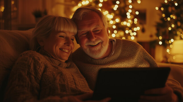 Happy Senior Couple Enjoying a Digital Tablet Together, Cozy Christmas Setting, Warm Lighting and Holiday Decorations