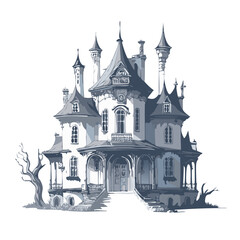 Obraz premium Haunted house sketch design. Spooky haunted mansion pen sketch vector art design.