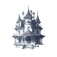 Fototapeta premium Haunted house sketch design. Spooky haunted mansion pen sketch vector art design.