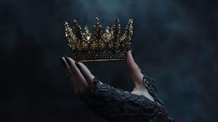 A hand in a black lace glove holds a gold crown against a dark background.