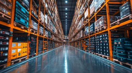 Robots utilizing AI algorithms for optimized operations in a modern distribution warehouse