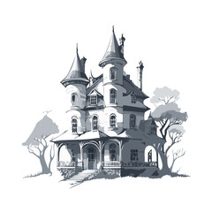 Haunted house sketch design. Spooky haunted mansion pen sketch vector art design.