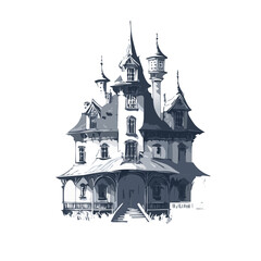 Fototapeta premium Haunted house sketch design. Spooky haunted mansion pen sketch vector art design.