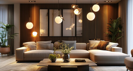 Sophisticated Living Room with Elegant Lighting, Comfortable Sofa, and Modern Decor