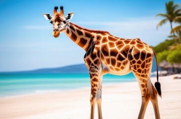 Obraz premium A giraffe walks along the beach near the azure sea.