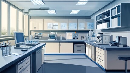 Modern laboratory with stainless steel cabinets and a computer.