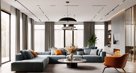 Spacious Modern Living Room with Large Blue Sectional Sofa and Sleek Contemporary Lighting