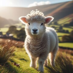 Fototapeta premium young curly sheep in the field on the pasture