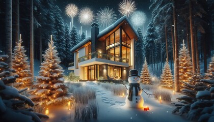 Christmas night with an illuminated house with snowmen and Christmas trees in the forest, with festive fireworks