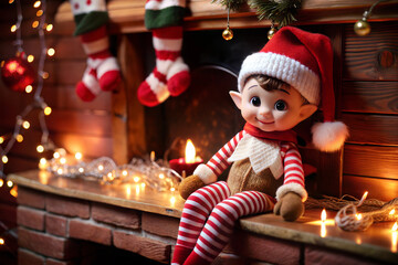 Joyful Christmas elf doll in a festive setting by the fireplace with stockings and lights