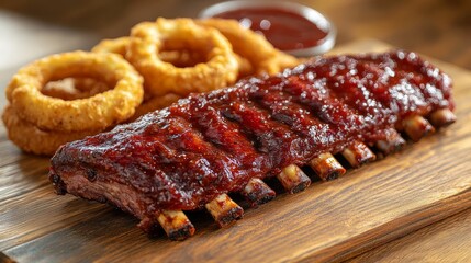 Obraz premium Savor the tender barbecue ribs alongside crispy onion rings a perfect comfort dish