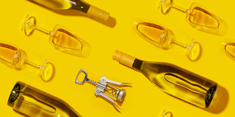Seamless flat lay background with white wine glasses and bottles